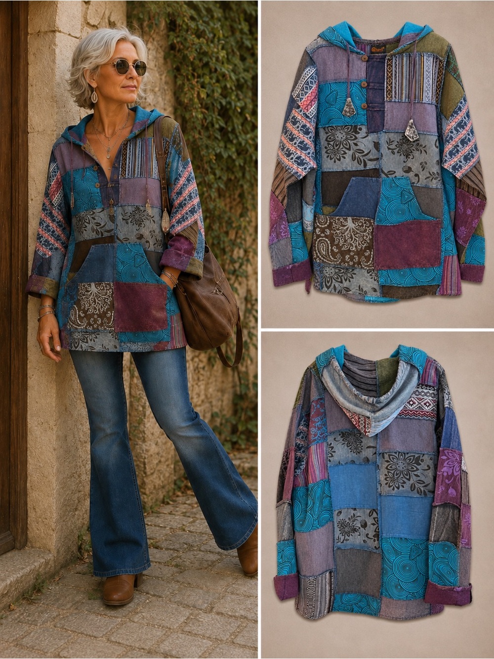 Cotton Hippie Handmade Gheri Patchwork Lightweight Hoodie Jacket 3XL